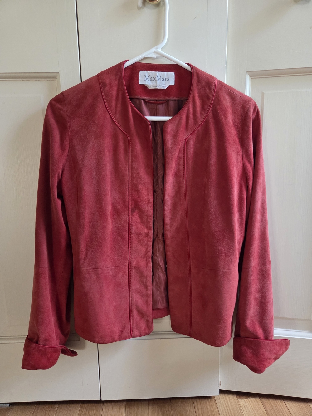 MaxMara Rose-Red Suede Collarless Open Jacket